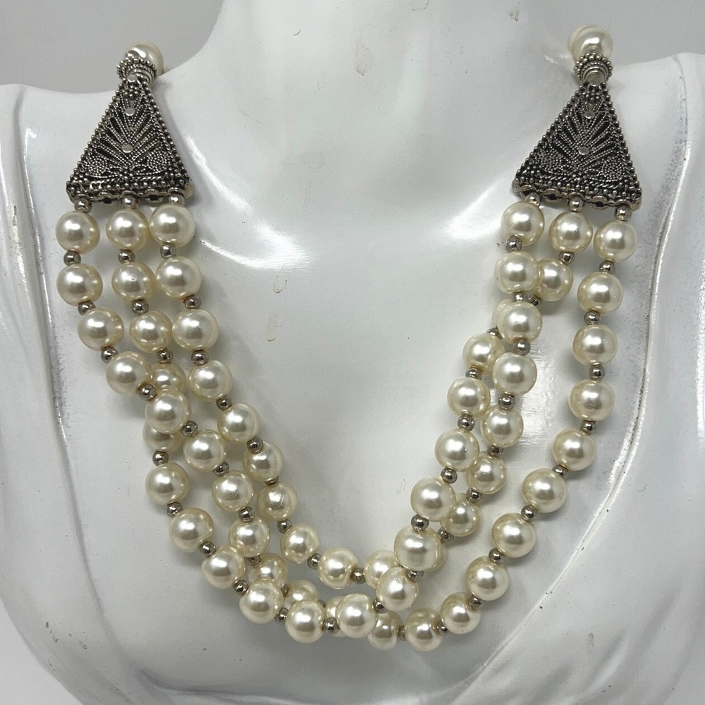 Faux Pearl Necklace Twisted Three Strand Silver Tone Accents‎
